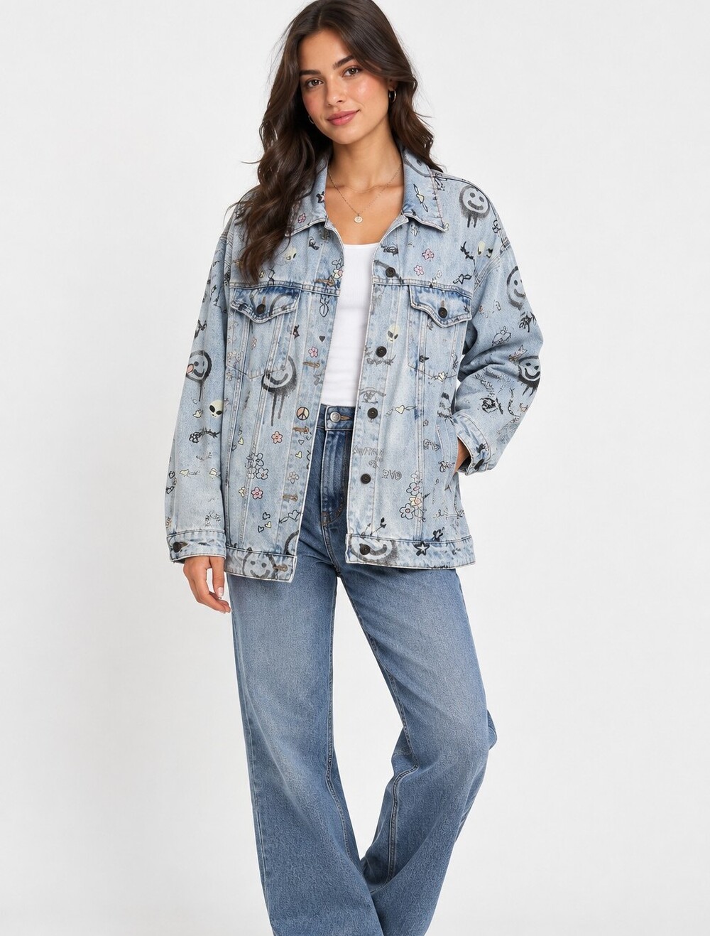 Wild Fable Doodle Print Oversized Denim Jacket Medium Y2K Graffiti Graphic